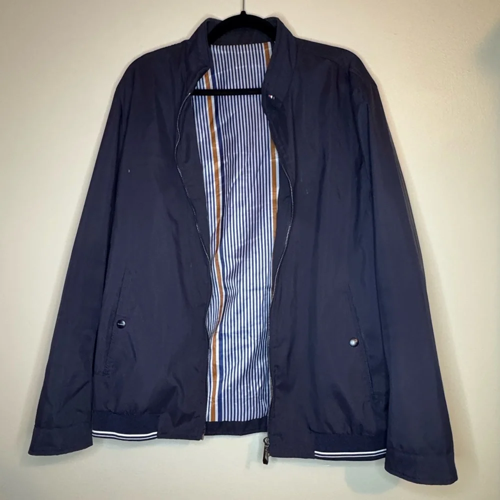 Men's Navy Lightweight Zip Jacket Striped Lining Preppy Casual Windbreaker L